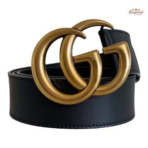 Authentic Gucci Black Smooth Calfskin Leather Gold Double G Buckle Belt 90/36